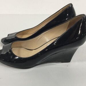 Women’s Jimmy Choo Black Patent Wedge Peep-Toe Shoes Size 38.5